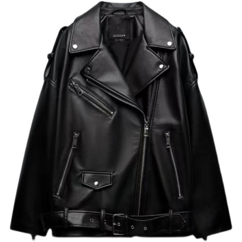 Pb&Za5507928 Early Autumn New Women's Motorcycle Leather Jacket Pu Imitation Leather Loose Jacket Couple Style