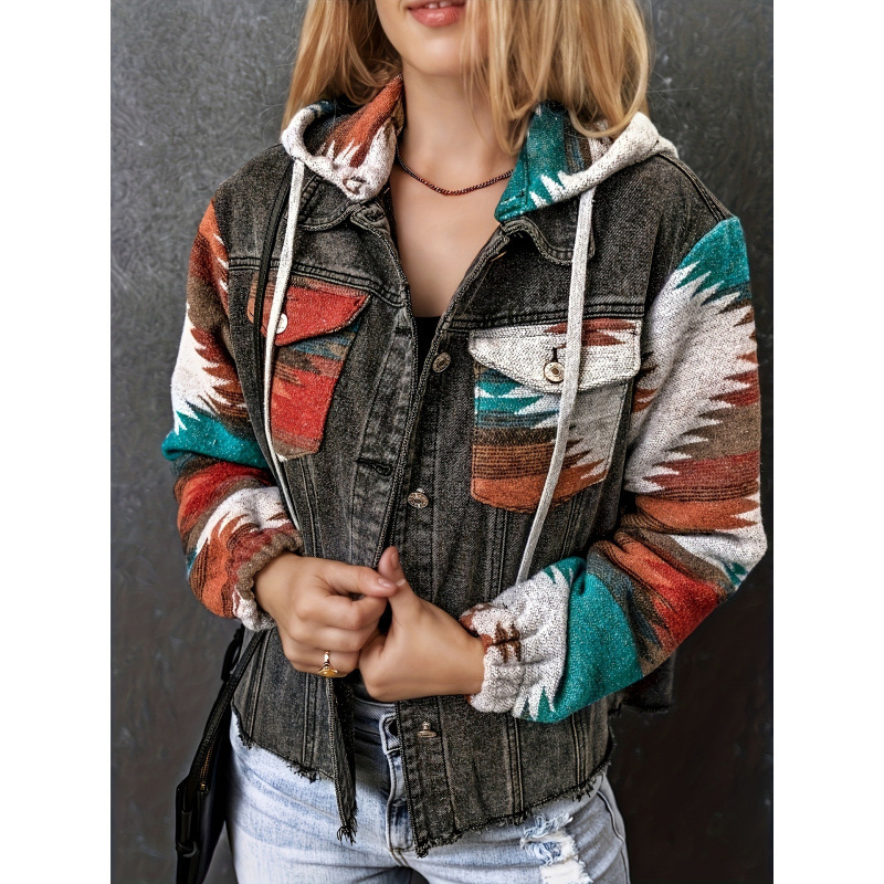 2026 Cross-Border Women's Hooded Aztec Pattern Denim Jacket Embossed Button Jeans