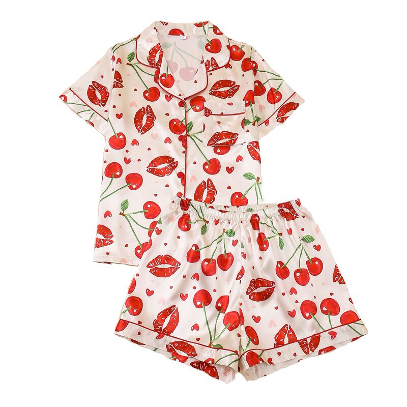 New Cross-Border Women's European and American Size Valentine's Day Love Heart Cherry Lips Ice Silk Pajamas Short-Sleeved Shorts Home Wear Set New Cross-Border Women's European and American Size Valentine's Day Love Heart Cherry Lips Ice Silk Pajamas Short-Sleeved Shorts Home Wear Set