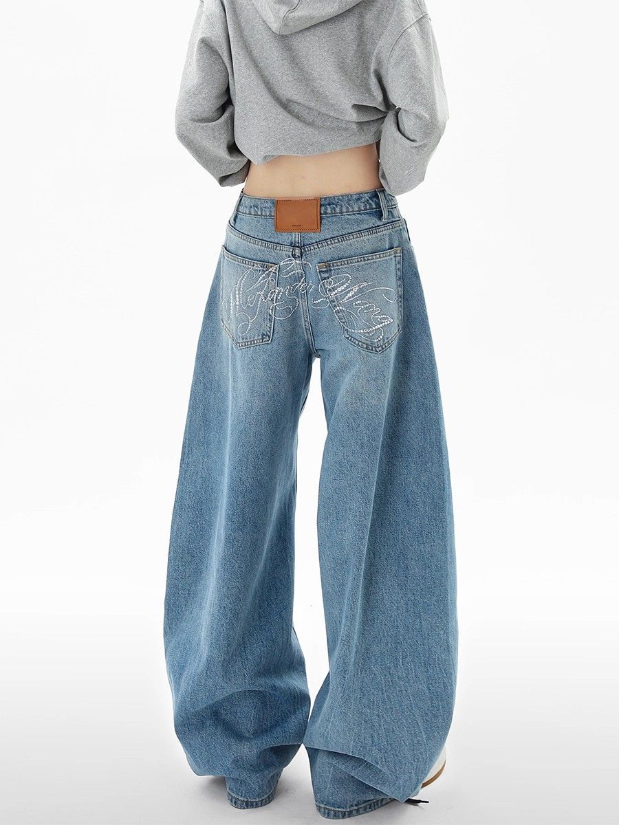 Women's American Style Washed Rhinestone Silhouette Curved Cut Jeans Loose Wide Leg Trousers Casual Cotton Polyester Denim_ecoleips.com