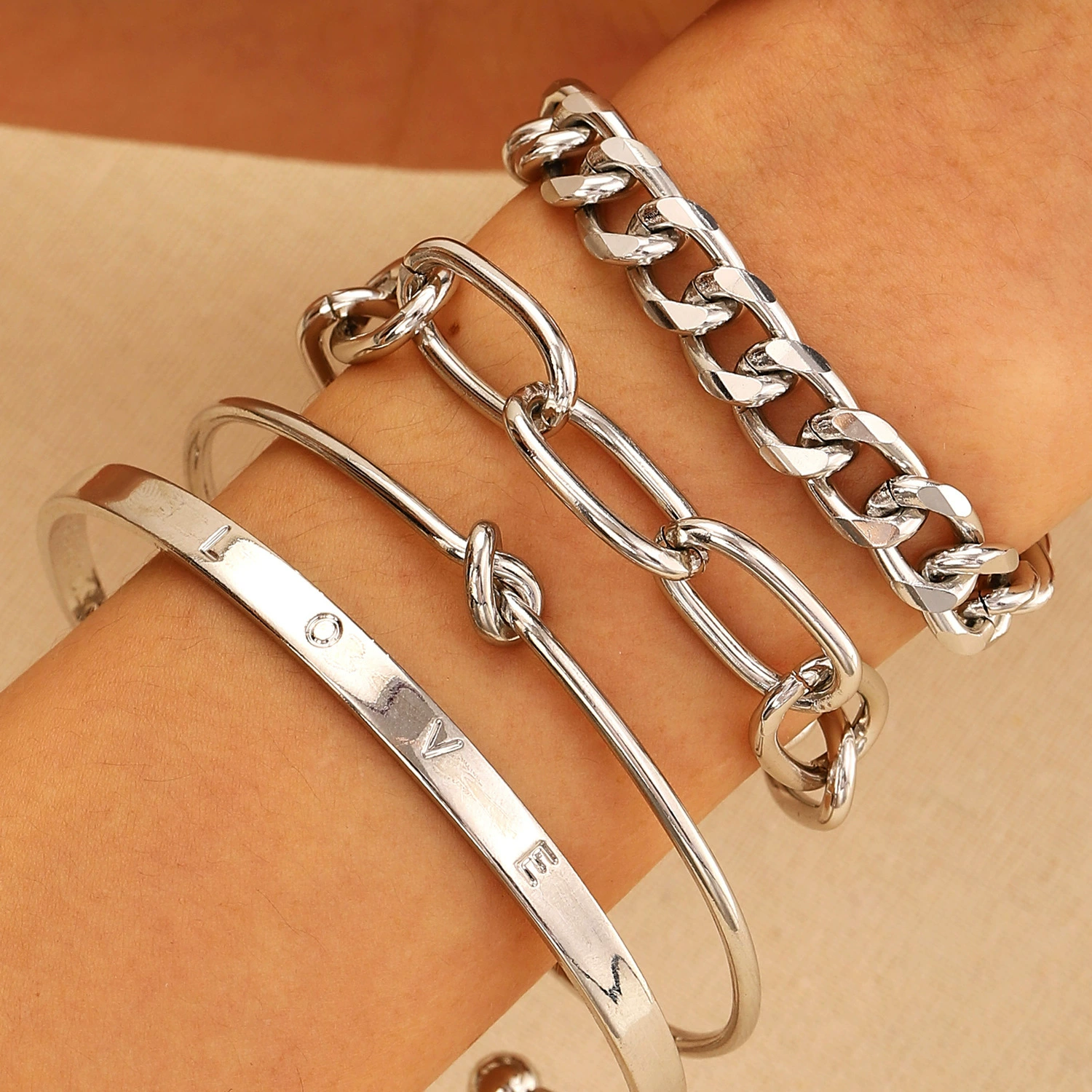 Metal Bracelet Set, 4-Piece Multi-Style (hip-hop, punk, European) – mixed finishes