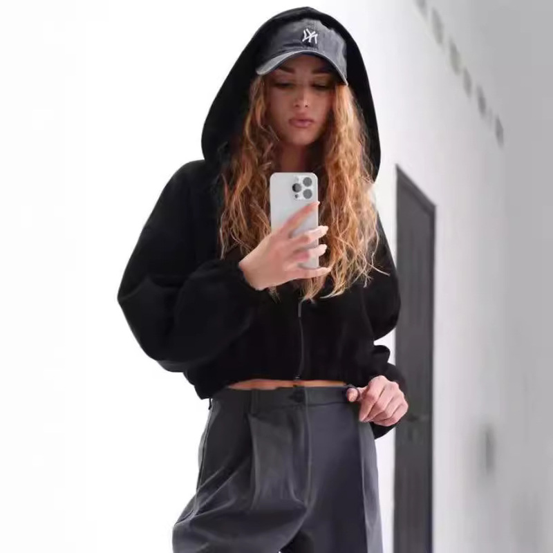 Amazon OZON European and American Cross-border Casual Women's Solid Color fleece-lined Thickened Hoodie Short Jacket Cardigan Sweater