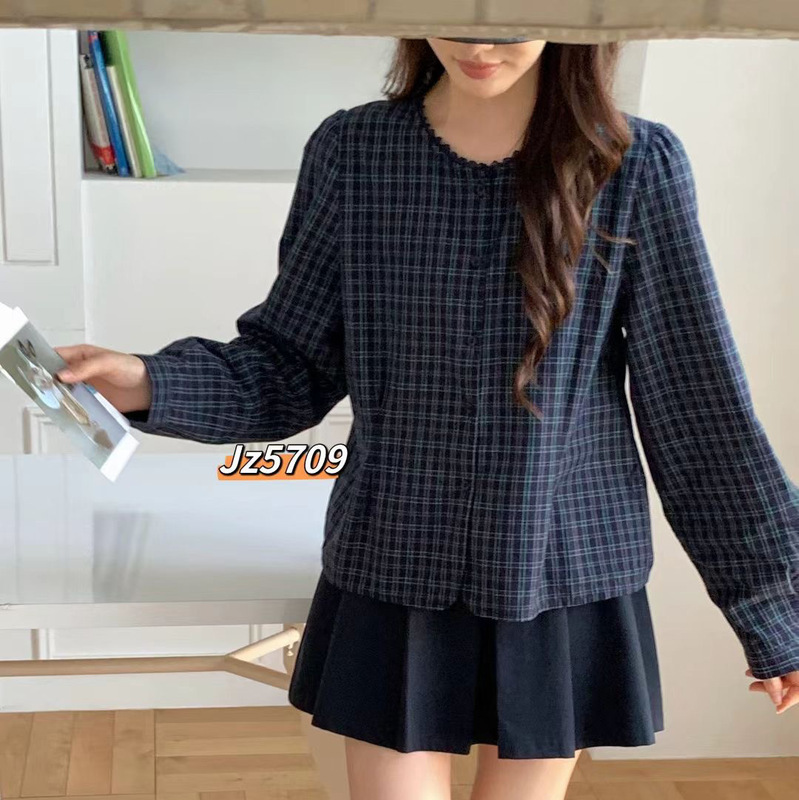 琪镌绘制时尚上衣秋季新款花边领圆领衬衣女装小清新长袖格子衬衫|undefined