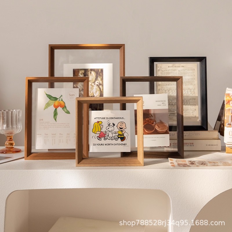 Double-Sided Transparent Photo Frame Table 6-Inch 8 Calligraphy and Painting Ornaments Acrylic Polaroid Embossed Frame Solid Wood Small Picture Frame