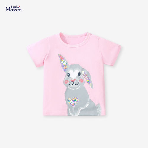 Little Maven Children's Short Sleeve Top Summer New Pure Cotton Girls' T-Shirt Cartoon Rubber Print Crew Neck Children's T-Shirt