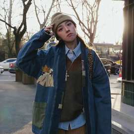 男友风24年秋冬新款刺绣补丁设计廓形蓝色牛仔男女同款外套32182