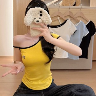 5111# Pure Sexy Slant Shoulder Shoulder Short Sleeve T-shirt Summer Contrast Color Embroidered Slim Slim Irregular Top