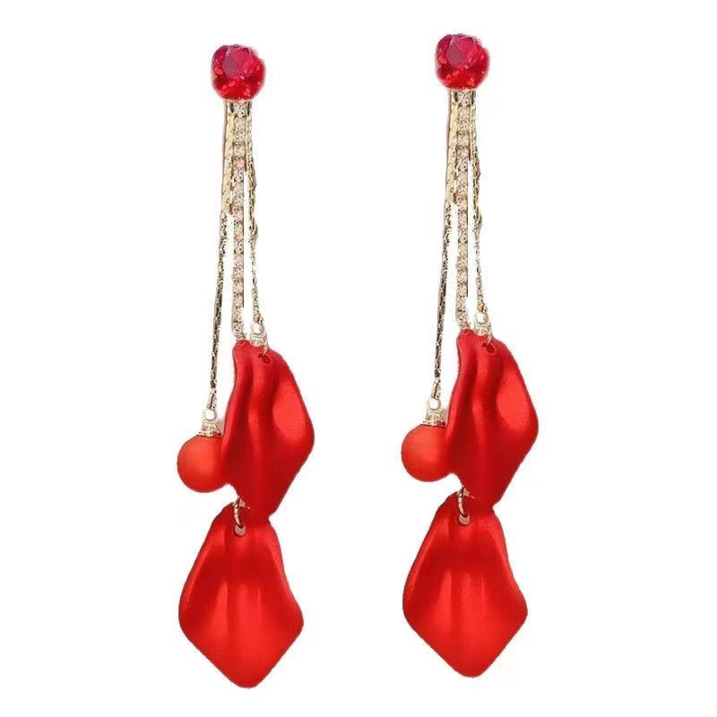 2023 Pendientes de nuevo estilo coreano Pendientes de súper hadas delgados Pendientes de pétalos rojos de marea Pendientes de borla largos para mujer Temperamento