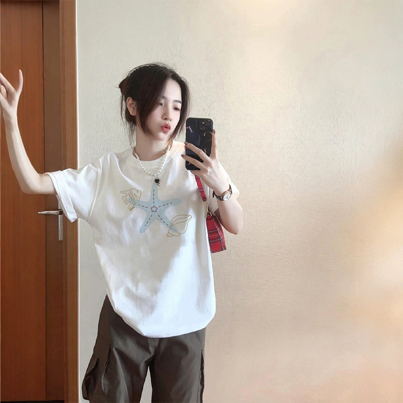Heavyweight Pure Cotton American-Style White Short-Sleeve T-Shirt for Women, 2026 New Popular Summer Loose Design Niche Top
