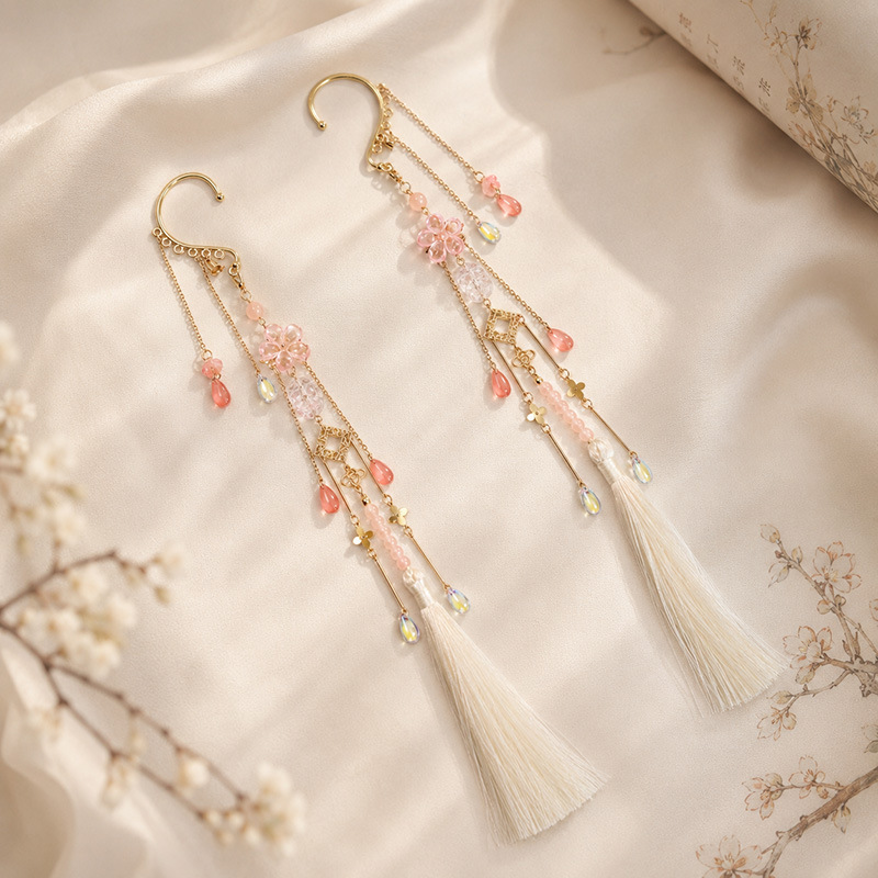Non-pierced ear cuffs, Hanfu earrings, long tassel design, ancient style flowers, no need for piercing, new Chinese style cheongsam accessories