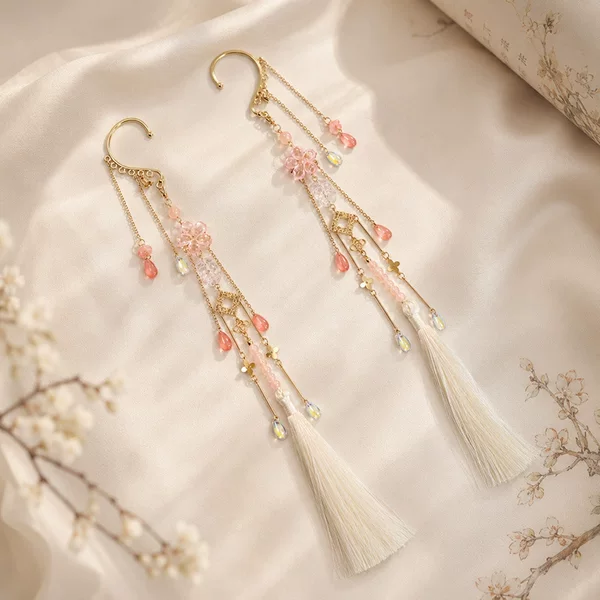Non-pierced ear cuffs, Hanfu earrings, long tassel design, ancient style flowers, no need for piercing, new Chinese style cheongsam accessories
