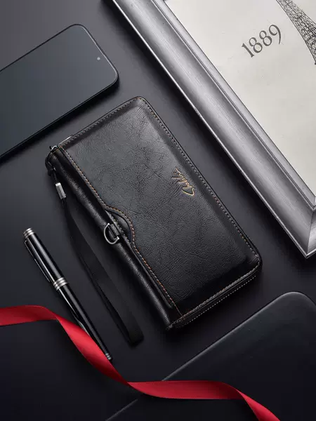 Cross-Border Men's Wallet, Long Wallet with Multiple Card Slots, Large Capacity, Zippered Leather Wallet, Portable Card Holder, Men's Wallet, Clutch Bag