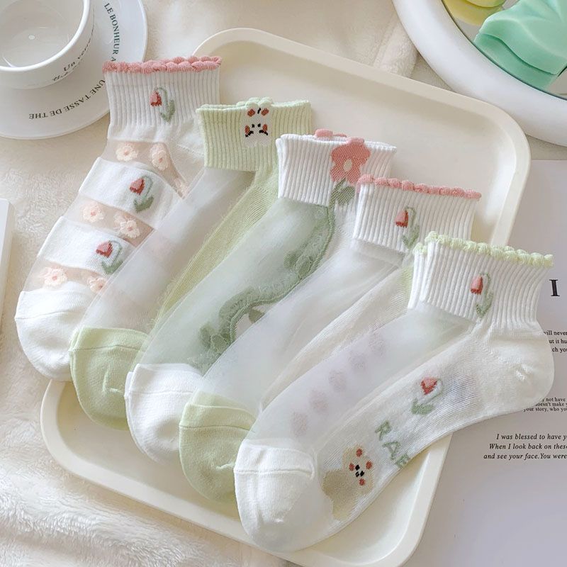 Spring and Summer New Mori Card Silk Stockings Tulip Thin Green Socks Cute Lace Cotton Socks Zhuji Socks