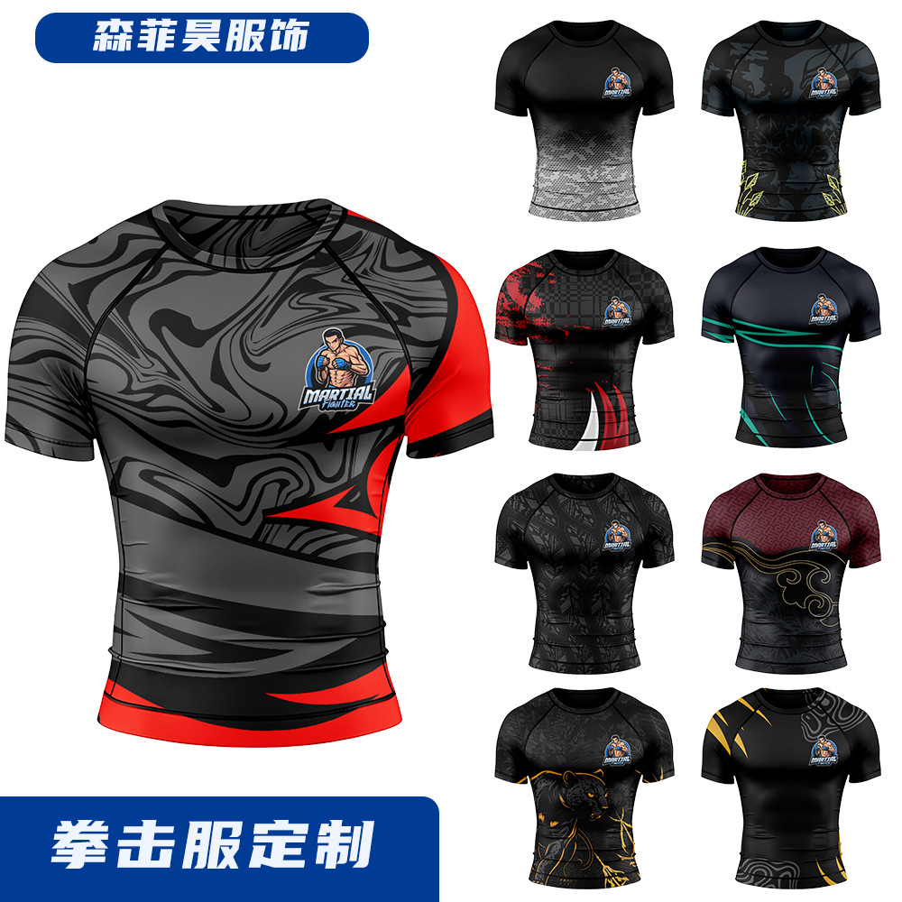 Cross-Border Custom Sublimation Printed Tight-Fitting Martial Arts Training Clothing, Muay Thai Fighting Fitness Clothing, Sanda Fighting Clothing