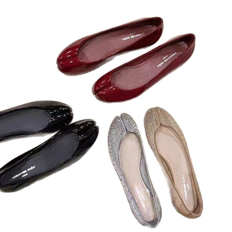 Nuevo estilo de verano 2025 ~ Rhinestone de malla con un pie, zapatos individuales de punta dividida de fondo plano, zapatos de manitas de cerdo para mujer