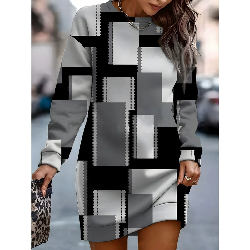 Европейское и американское женское повседневное платье с длинными рукавами летнее платье с 3 принтами платье с цветочным круглым вырезом платье с длинными рукавами