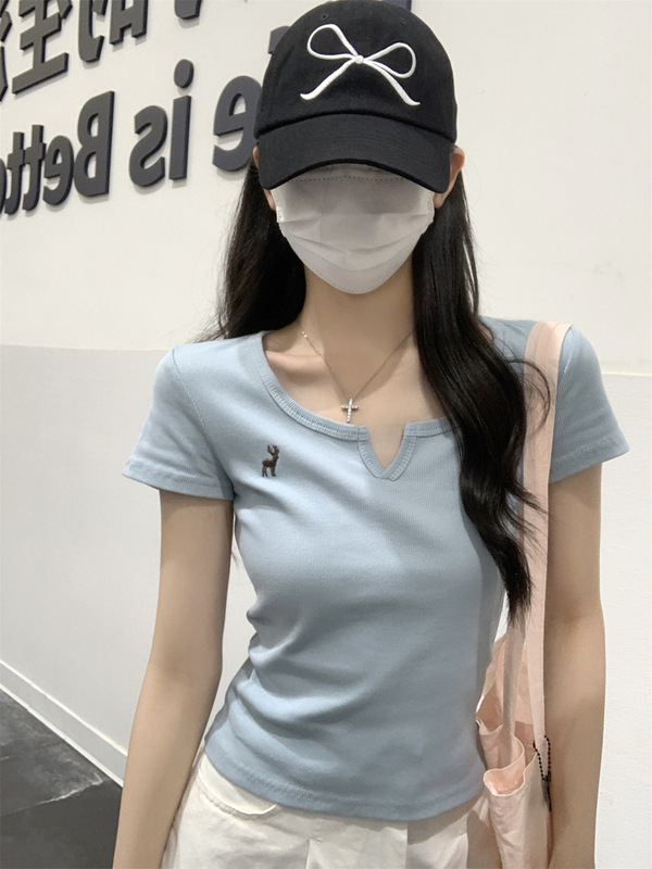 半开领百搭刺绣设计感短袖T恤女夏季2025新款休闲显瘦套头上衣ins|undefined