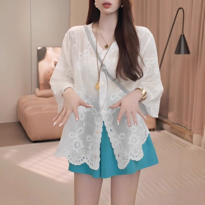 French-Style Sweet V-Neck Hollow-Out Embroidered Shirt for Women, New Summer Style, Single-Row Multi-Button Loose Cardigan Jacket 2150