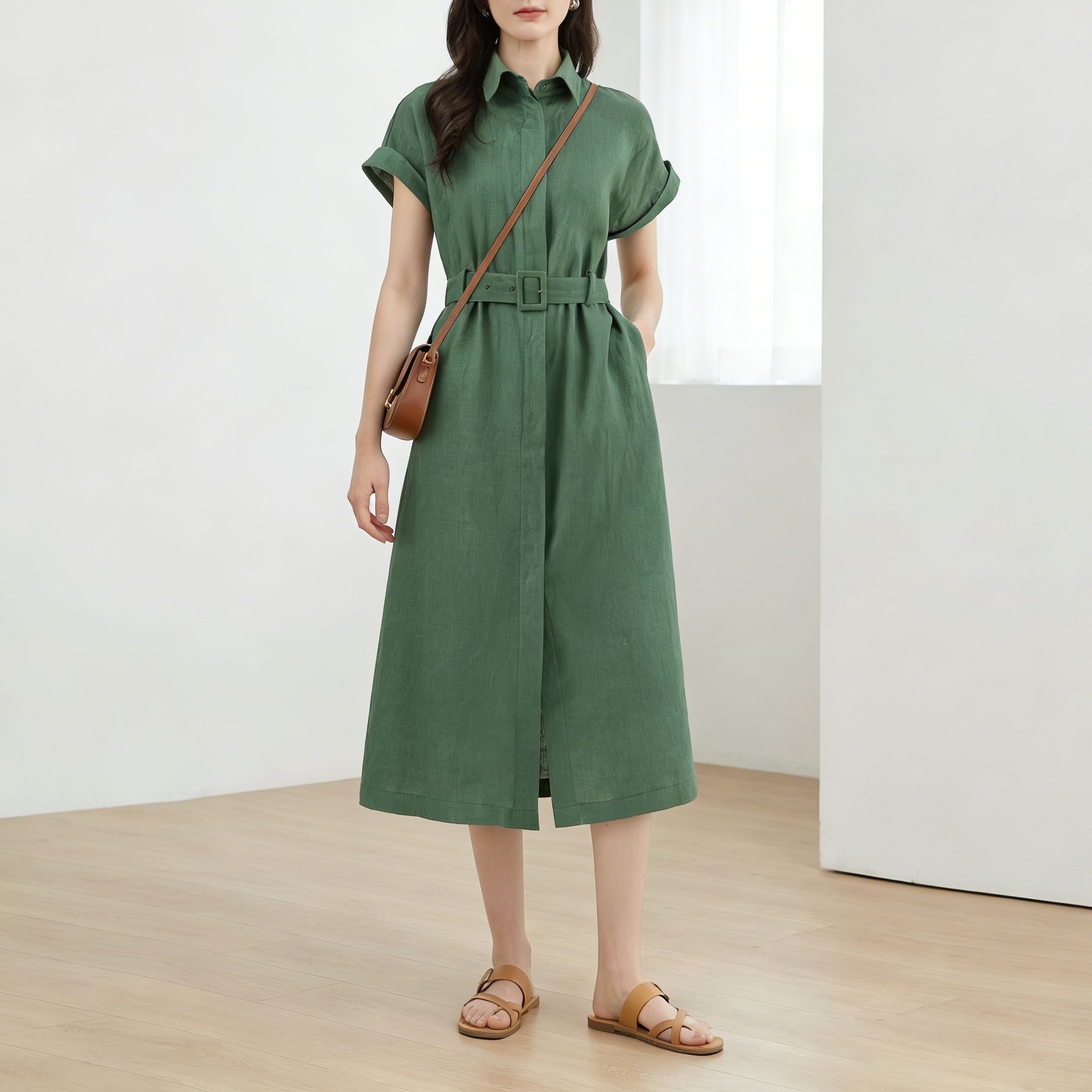 Đầm sơ mi nữ tay ngắn thắt eo chất liệu linen dáng dài — màu đen chi tiết 1