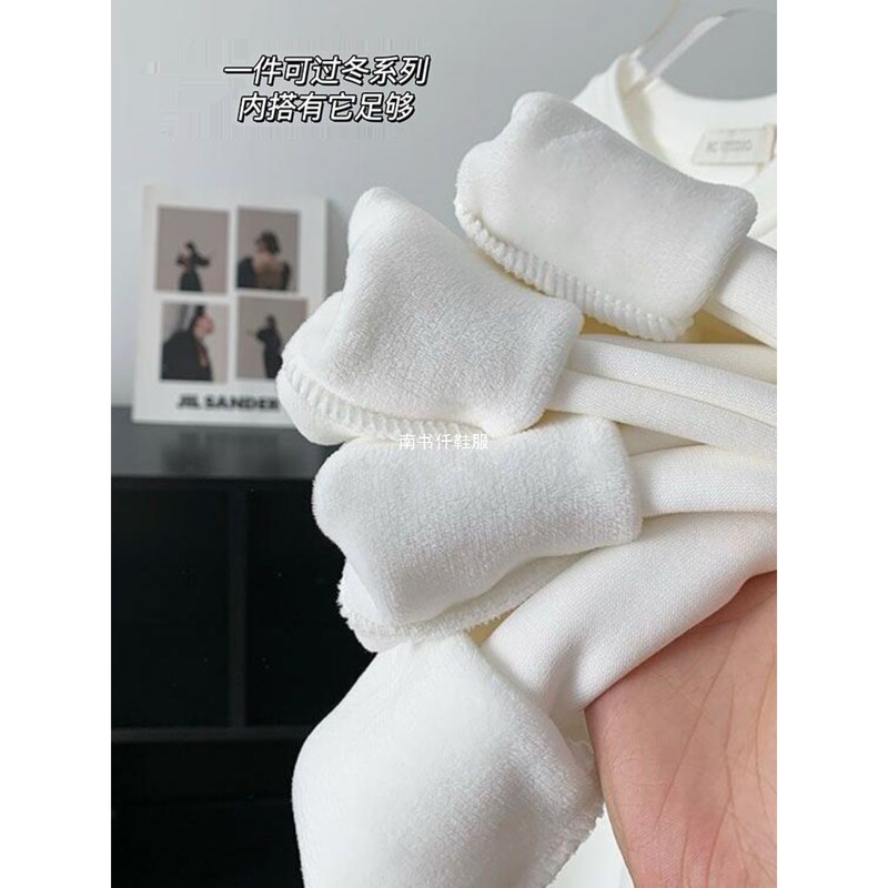 Long-Sleeve White T-Shirt for Tall Women, with Side Slits, Fleece-Lined and Thickened, Loose Fit, Mid-Length, Suitable for Autumn and Winter, Extended Version Long-Sleeve White T-Shirt for Tall Women, with Side Slits, Fleece-Lined and Thickened, Loose Fit, Mid-Length, Suitable for Autumn and Winter, Extended Version