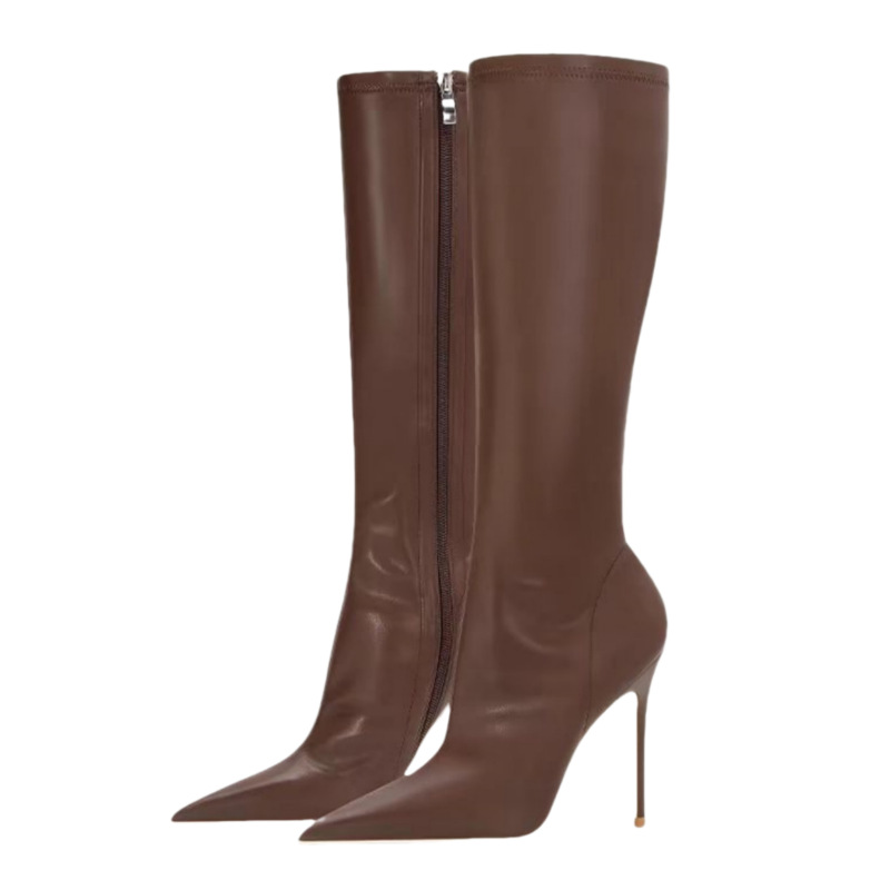 European and American Foreign Trade Pointed-Toe Stiletto High-Heeled Boots with Side Zipper, Size 47, Runway Fashion Boots, Unisex Knee-High Boots, Mid-Calf Boots