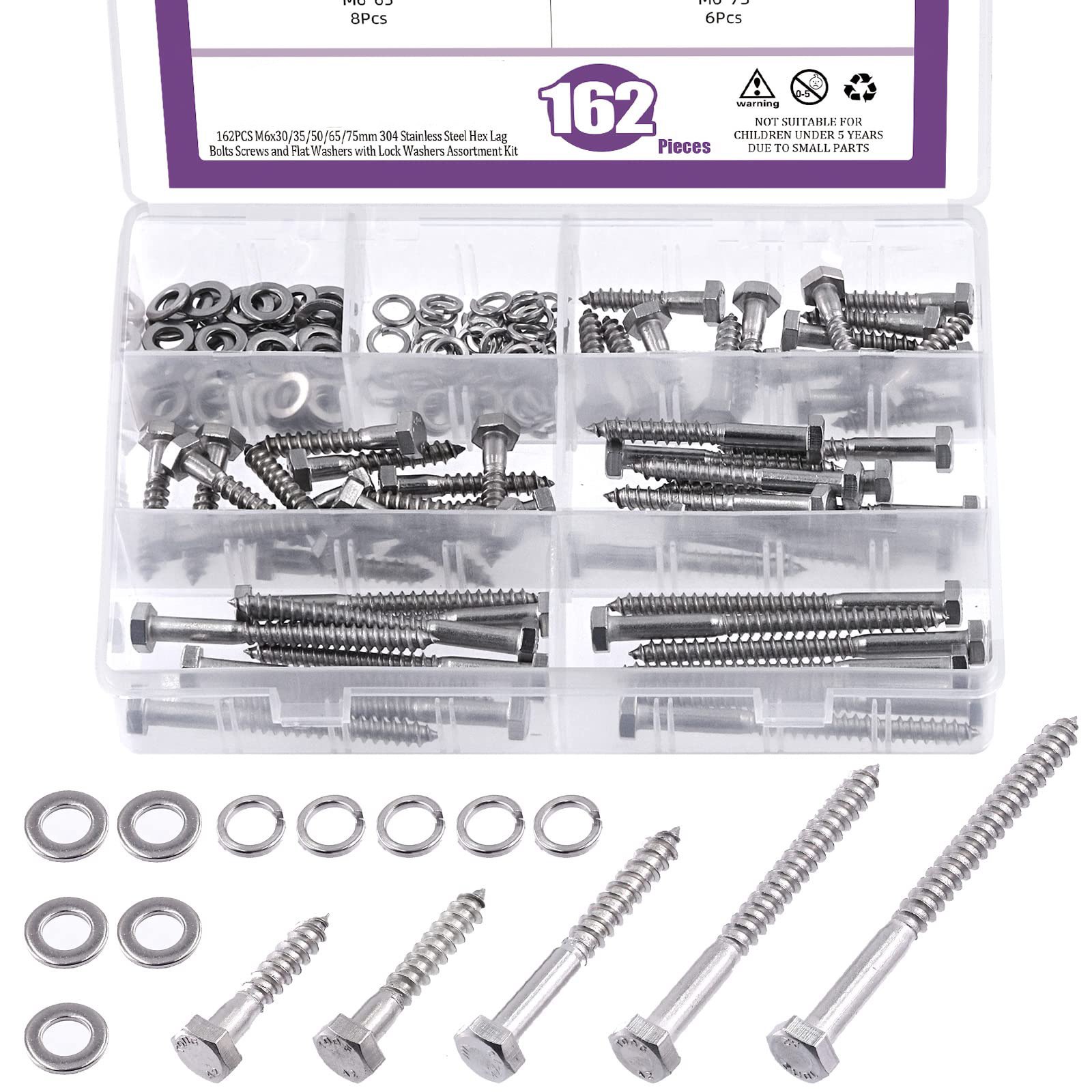 跨境162pcs外六角自攻组合套件304不锈钢外六角木螺钉盒装螺丝