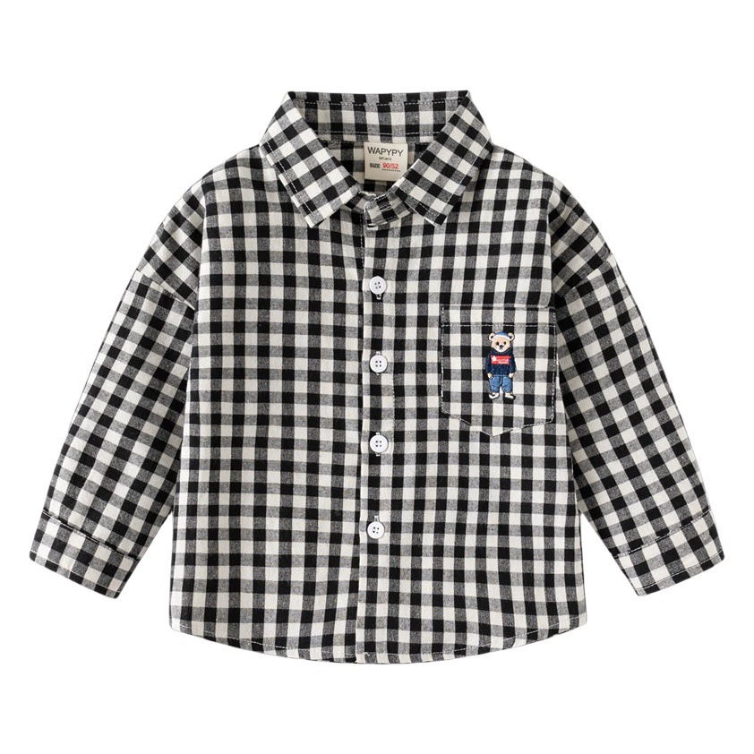 Детские рубашки оптом: новая коллекция весна 2026, детская рубашка с вышивкой медведя в корейском стиле, с длинным рукавом, квадратным воротником, для малышей