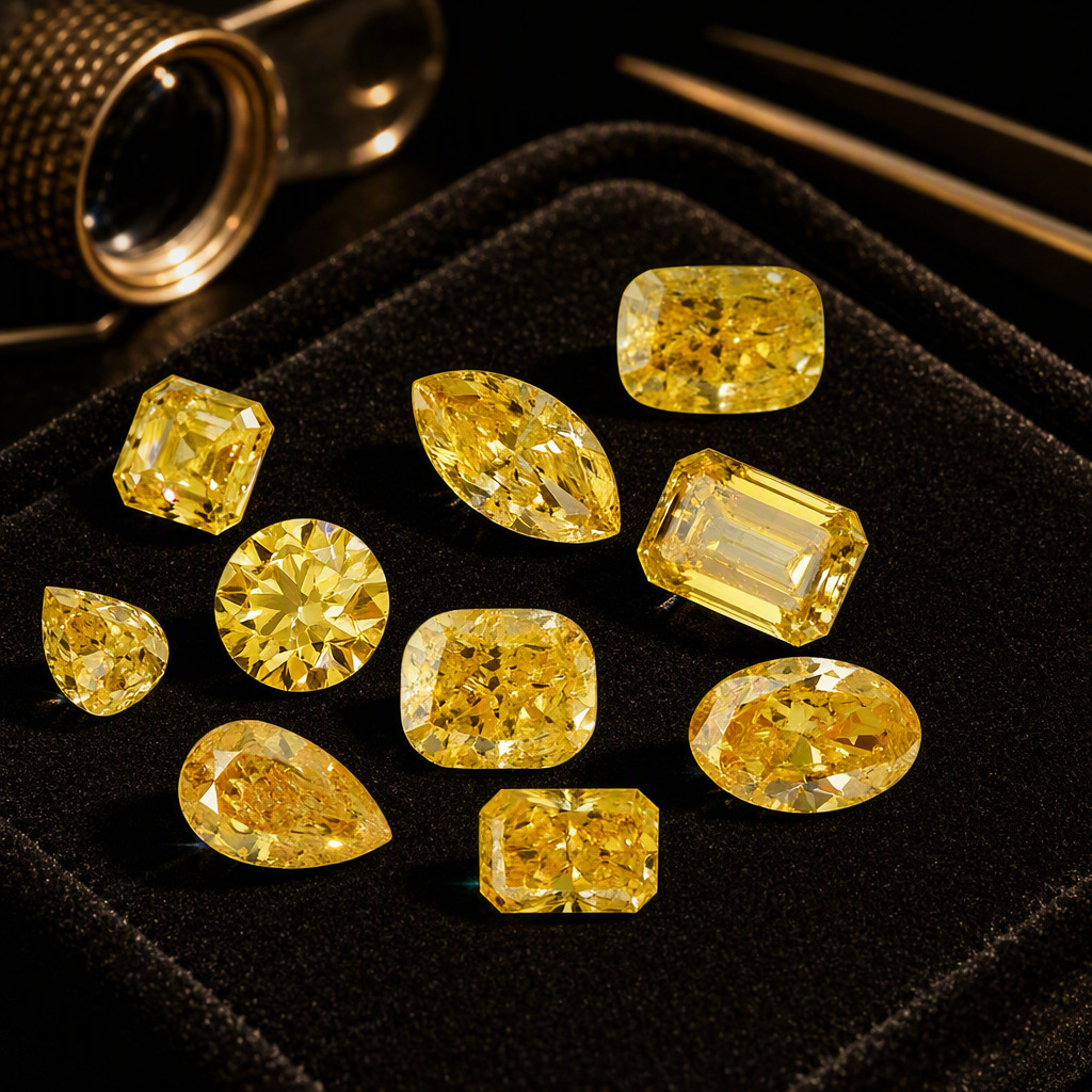 Lab-grown diamonds, fancy vivid yellow diamonds, yellow diamonds, IGI laboratory-grown loose diamonds, Henan loose stones, and gemstones.