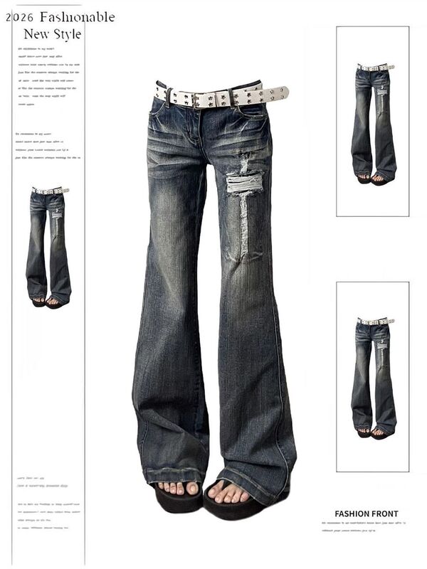 Vintage Cross-Pattern Ripped Low-Waist Jeans for Women, 2026 Summer New Slim-Fit Flattering Hot Girl Flared Pants Vintage Cross-Pattern Ripped Low-Waist Jeans for Women, 2026 Summer New Slim-Fit Flattering Hot Girl Flared Pants