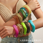 热销跨境异形宽方形手镯欧美大版晕染理石纹半透多色夸张树脂手镯