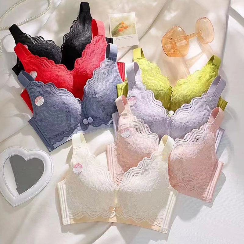 本命年紅色蕾絲內衣薄大胸顯小薄款聚攏調整型收副乳文胸直播代發