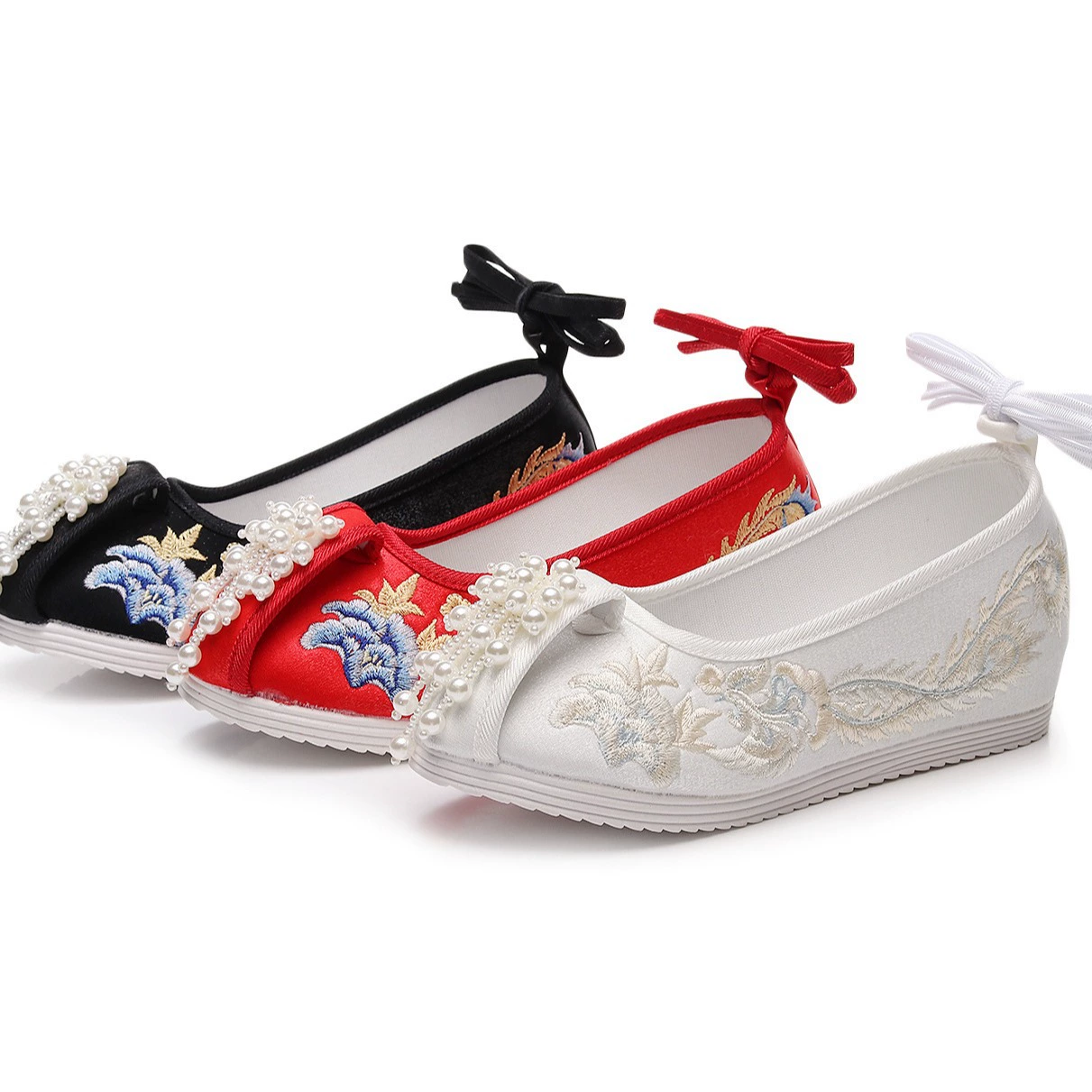 Hanfu Cloth Shoes (Qinglong) Phoenix Embroidery, Velvet with Wool Lining and Pearl Detail, Sizes 35–41