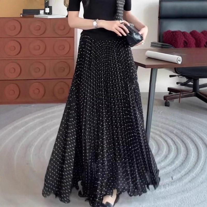 French Retro Slim Pleated Skirt for Women, New High-Waisted Mid-Length Skirt, Elegant Black Polka-Dot Skirt with Large Hem