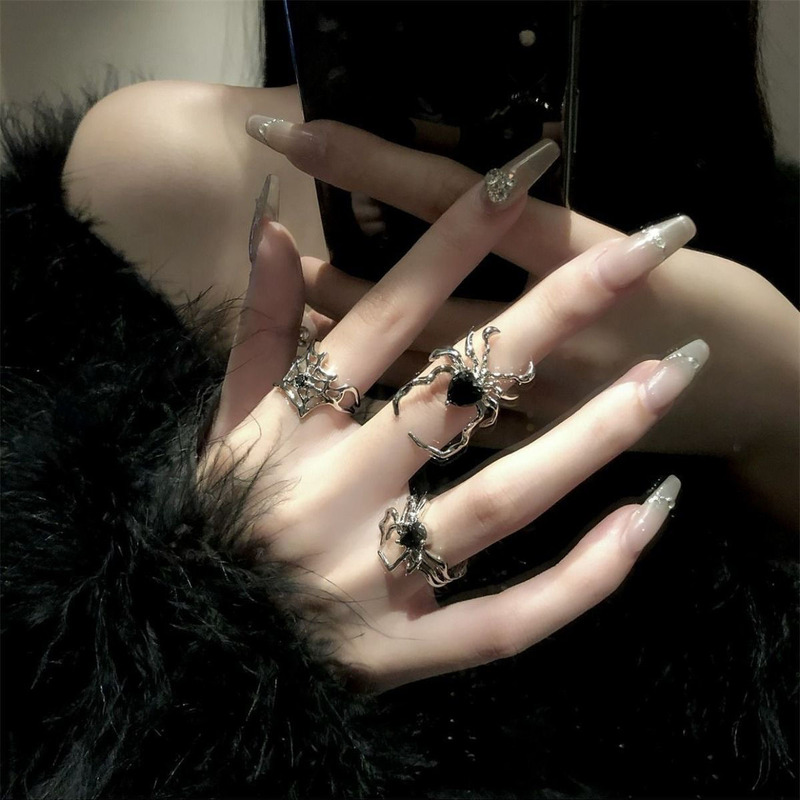 Dark Retro Black Gem Spider Nail Ring Niche Design Advanced Sense Cold Wind Open Distinctive Ring