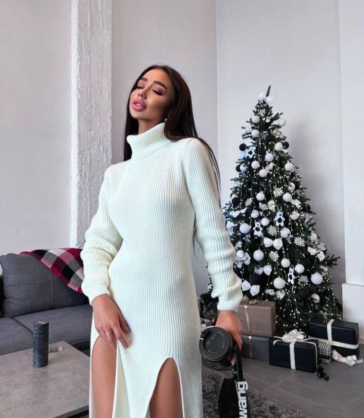 Popular Long Sleeve Turtleneck Thigh Slit Woolen Dress