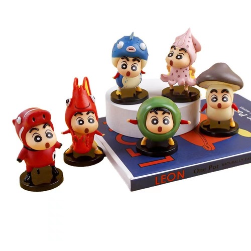 Q version solid PVC seafood ingredients Crayon Shin-chan 6-piece set with base, car ornaments, anime figure model