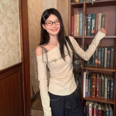 东南亚花灰斜肩格子绑带内搭t恤女秋季字母印花新款修身长袖上衣