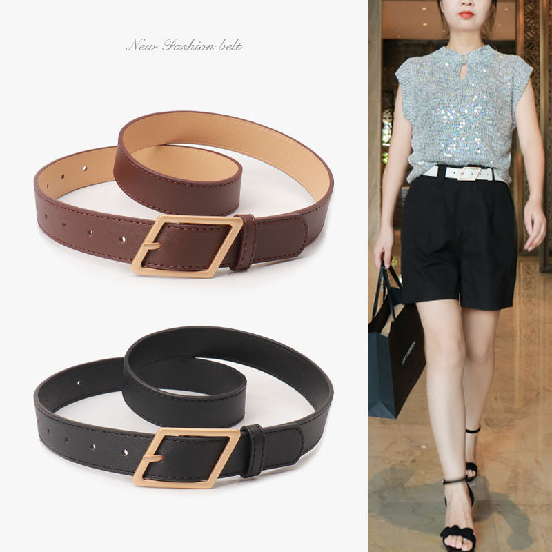 Women's Fashionable Wide Belt Black Gold Buckle