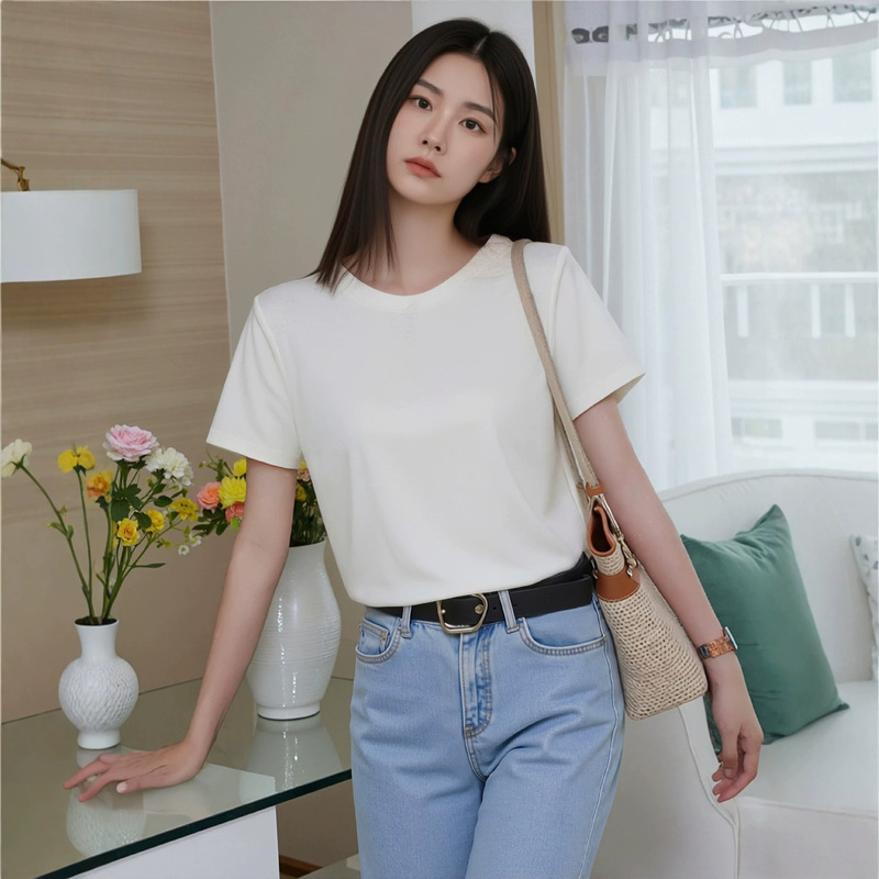 Tencel Linen Blend Round Neck Short-Sleeved Women's Thin Breathable Cool Solid Color T-Shirt Versatile Slim Fit Tencel Linen Blend Round Neck Short-Sleeved Women's Thin Breathable Cool Solid Color T-Shirt Versatile Slim Fit