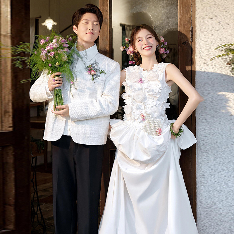 French-Style Travel Photography Light Wedding Dress 2026 New Satin Forest-Style Strapless Floral Morning Gown Going-Out Dress Engagement Dress French-Style Travel Photography Light Wedding Dress 2026 New Satin Forest-Style Strapless Floral Morning Gown Going-Out Dress Engagement Dress