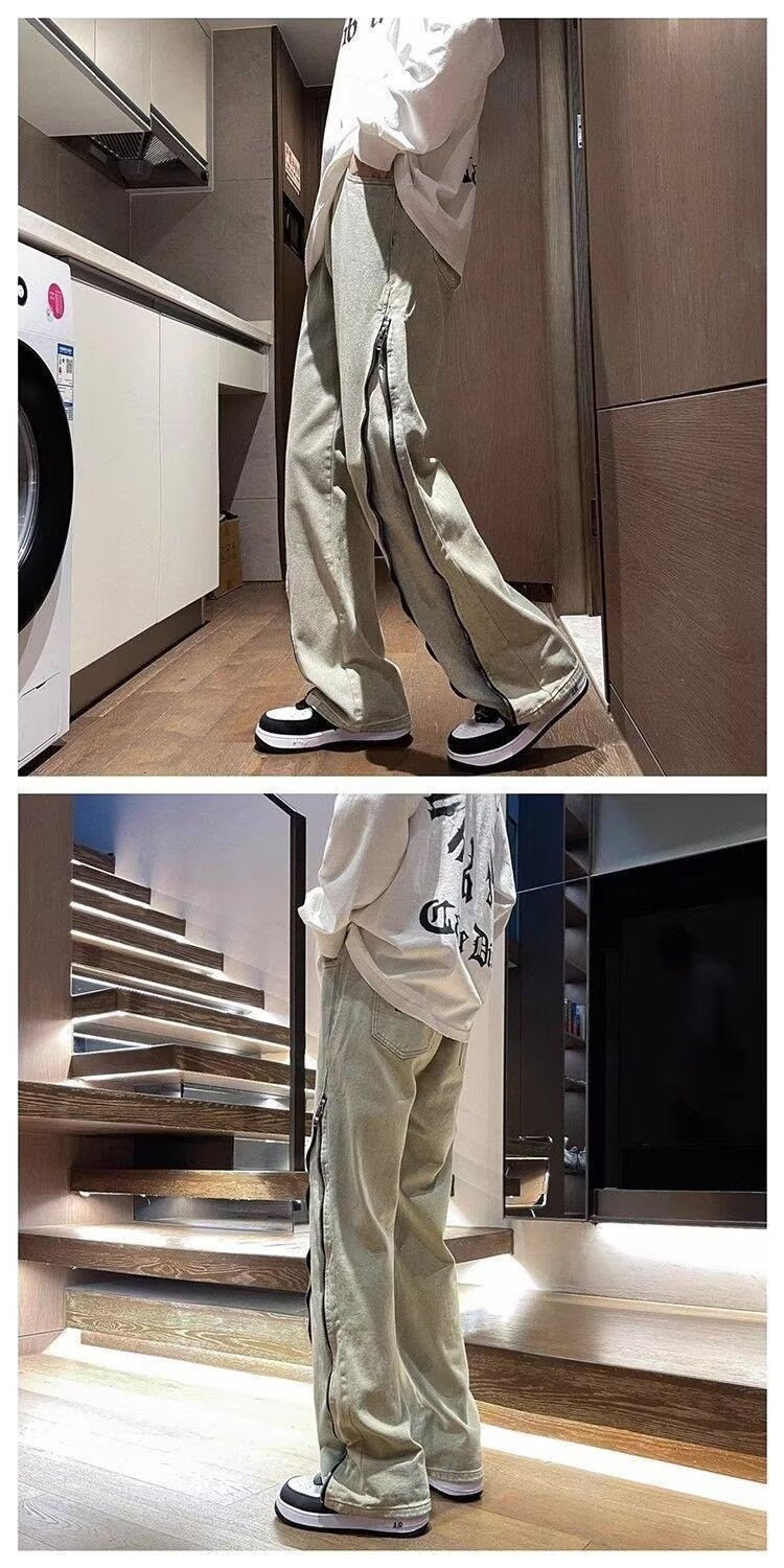 Retro High Street Washed Yellow Mud Dyed Jeans Slim Fit Straight Leg Flattering Drape for Men And Women_mkmklike.com