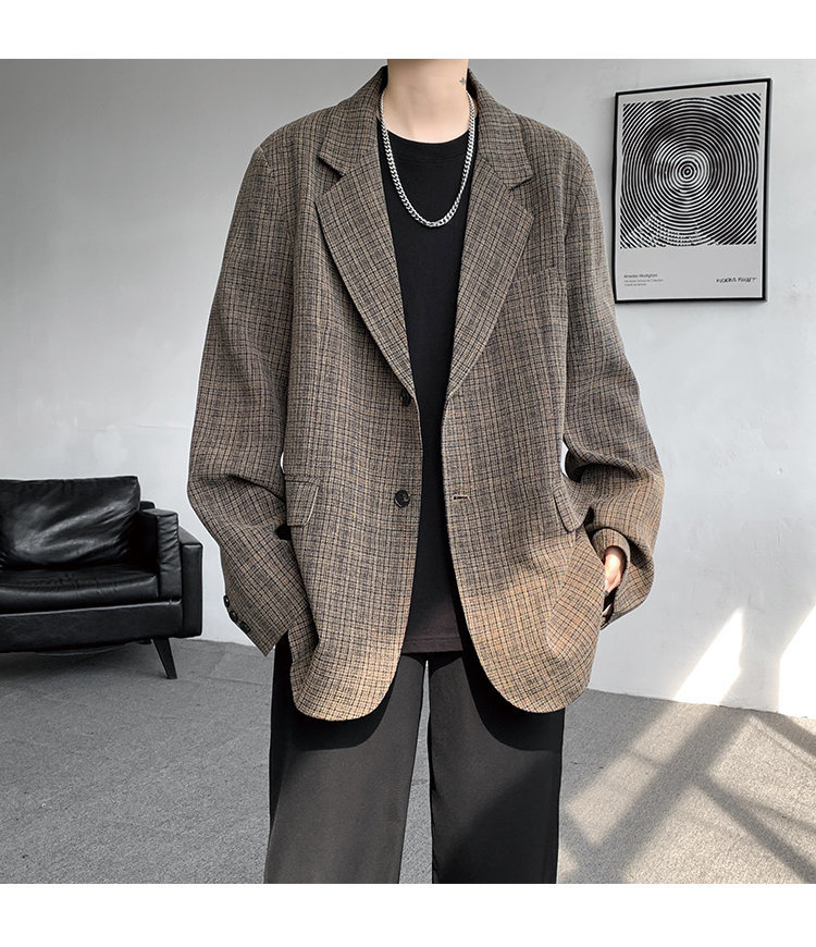 American Retro Houndstooth Blazer For Men Oversized Plaid Jacket_voghion.com