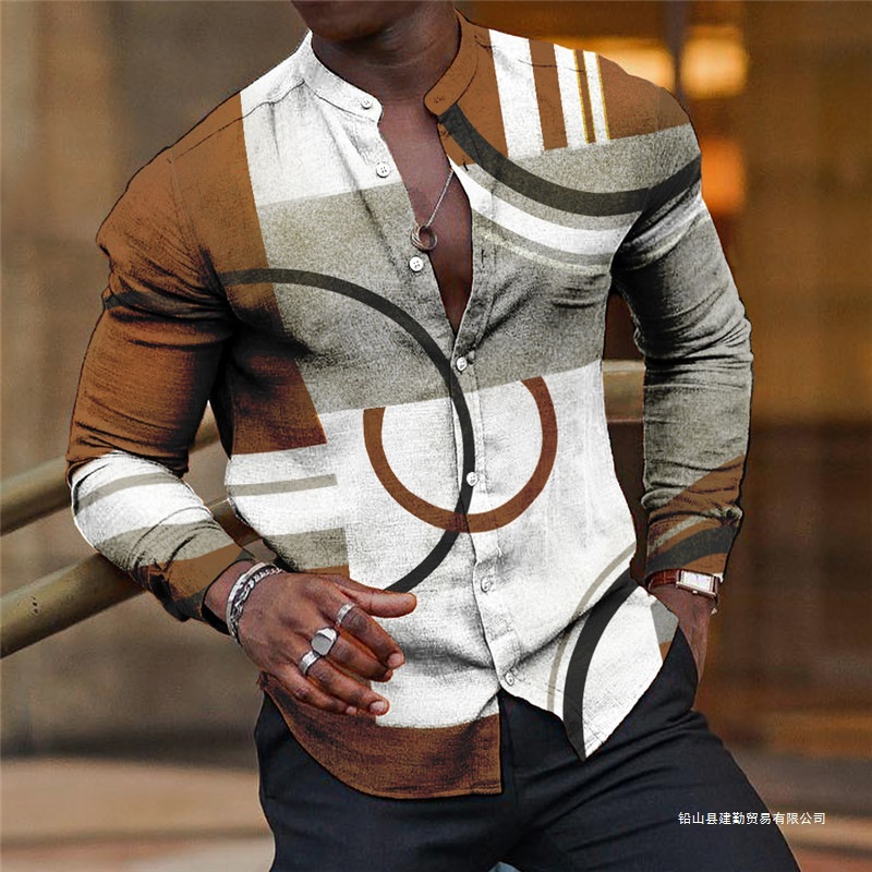 Comercio exterior 2024 camisa de manga larga Amazon ropa de hombre impresión de otoño hombre nuevo estilo europeo y americano Wish collar vertical