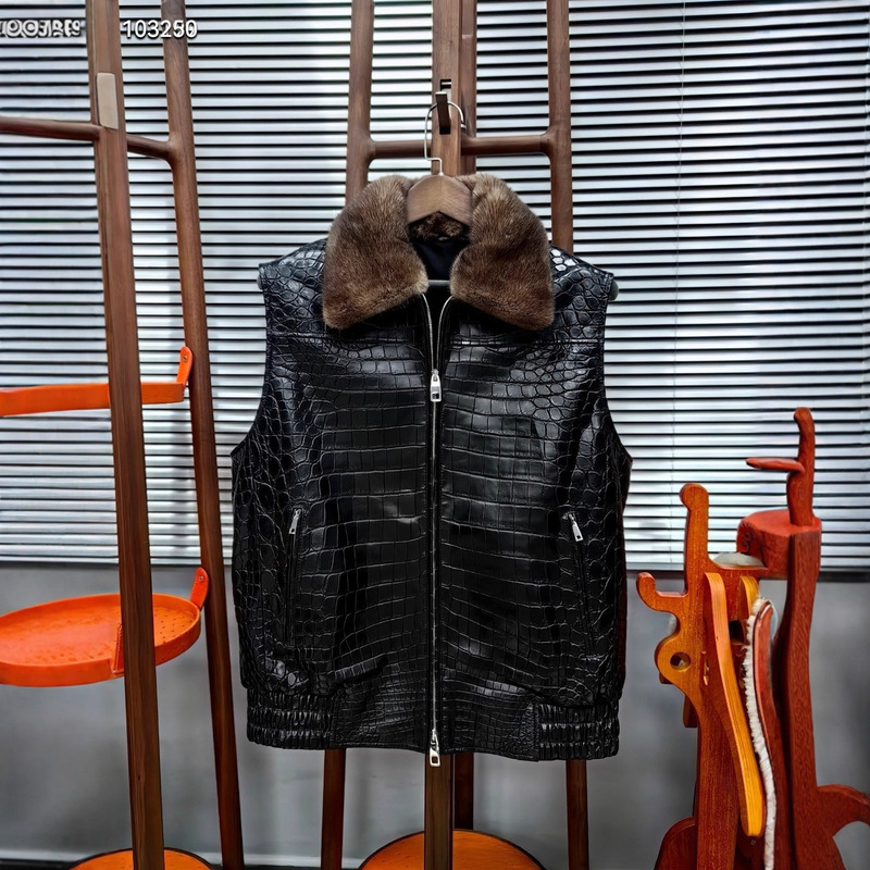 Genuine Leather Vest for Men, Made of Nile Crocodile Skin and Mink Fur, Winter Warm Vest for Middle-Aged and Elderly Men