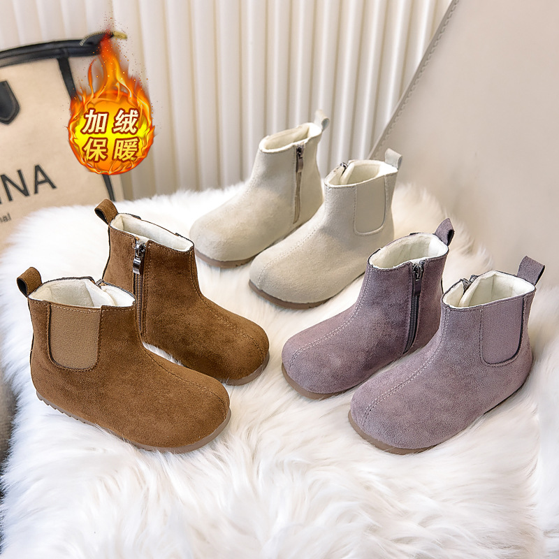 Children's Round-Toe Flat Cotton Boots 2025 Winter New Mid-Top Side Zipper Fleece-Lined Warm Snow Boots Fashionable and Versatile