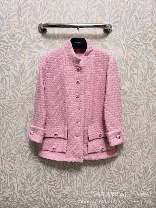 南油25春新作 シャネル風 ライトピンク チェック柄 七分袖 シングルボタン ツイードウールジャケット 春新作|undefined