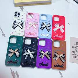 蝴蝶结荔枝纹苹果iPhone16手机壳15挂件皮纹亚马逊12Promax半包软