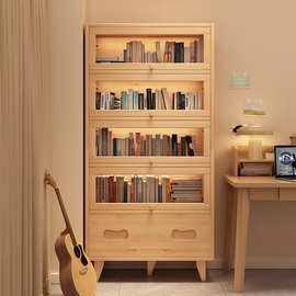 实木书柜置物柜靠墙展示柜一体防尘客厅储物柜带门展示柜子收纳柜