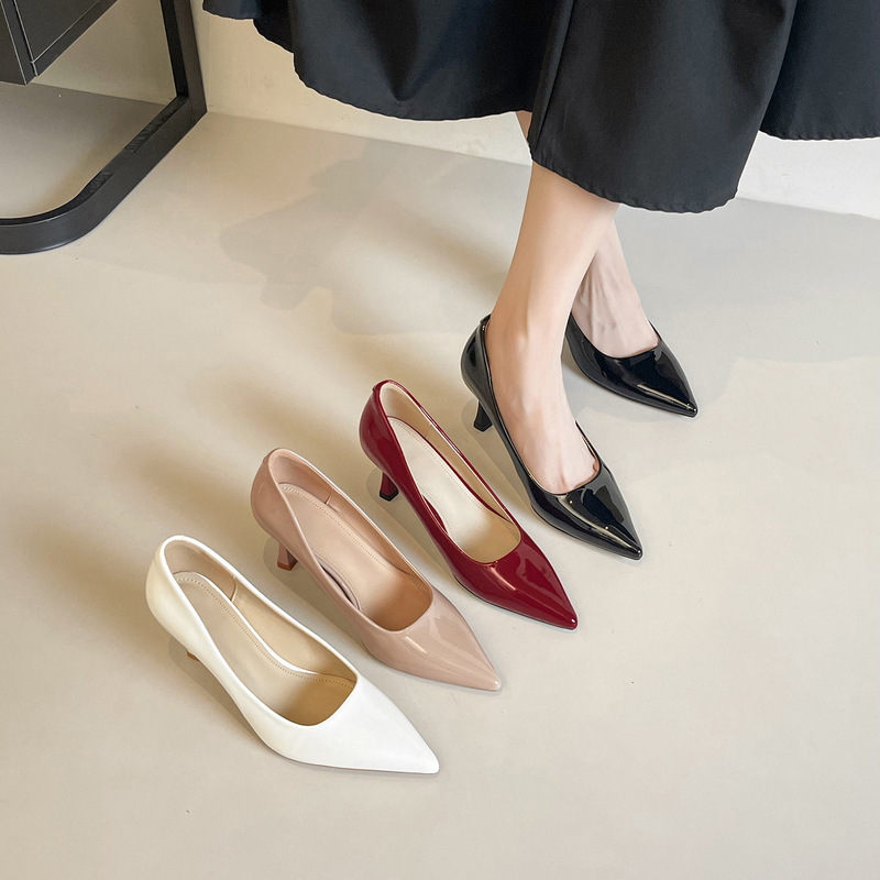 Cowhide Nude High Heels for Women 2025 Autum New Patent Leather Waterproof Platform Sexy Elegant Commuter Shoes Formal Pointed Shoes