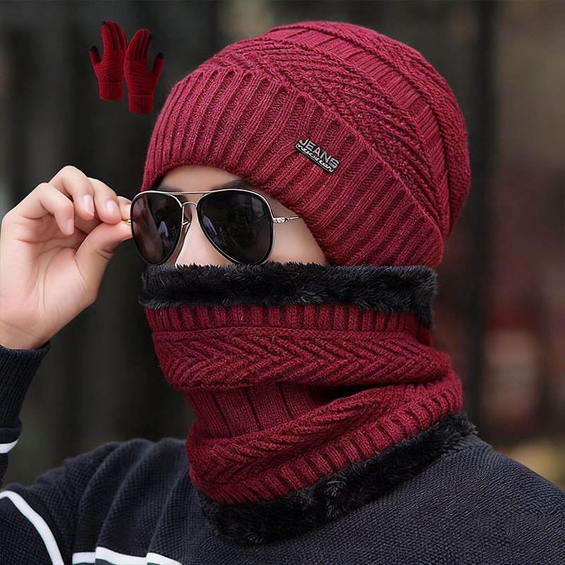 Cross-Border Hat Three-Piece Set, Warm Neck Scarf for Men and Women, Winter Velvet Thickened Knitted Hat, Touch Screen Gloves, Woolen Hat
